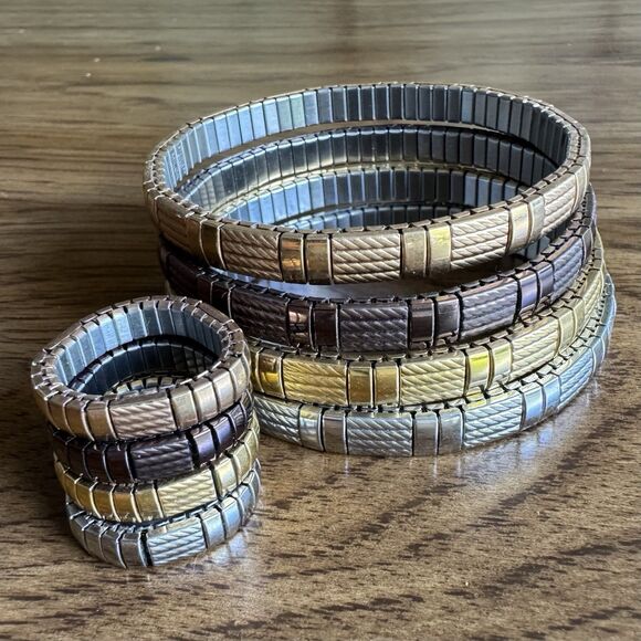 MILOR Stretch Bracelet & Ring Set Stainless Steel Bronze Silver Rose Gold Tone - Picture 2 of 11